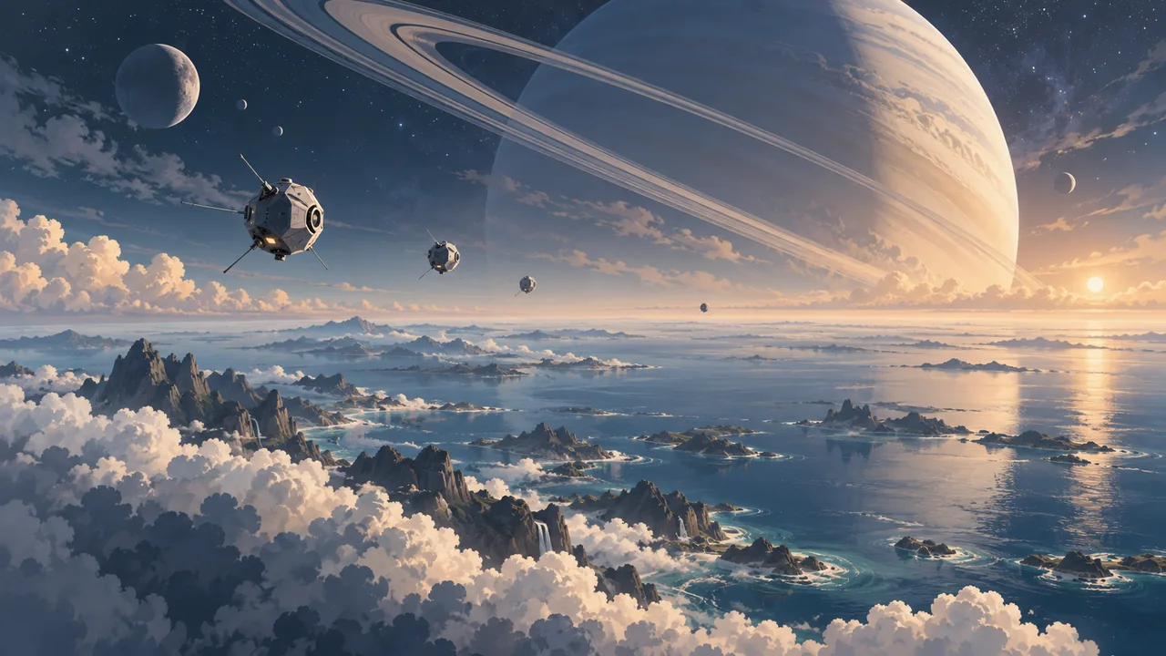 Small exploratory probes approach an enormous ringed planet above a distant alien ocean world.