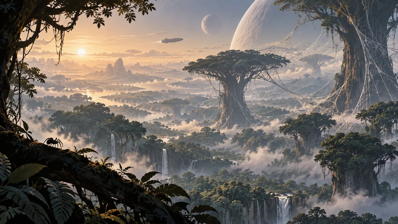 A tiny spider silhouette crosses a foreground branch beneath monumental web-like structures in an alien forest.