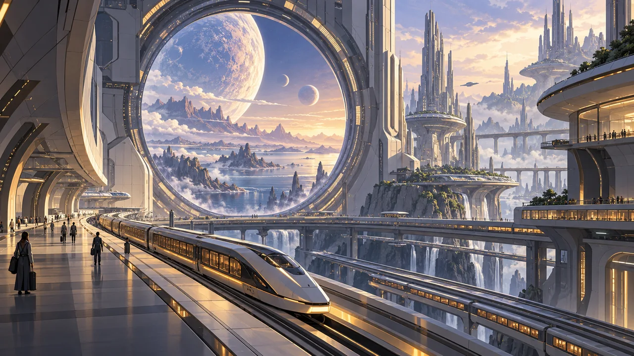 Tiny commuters stand below an immense circular transit portal framing a distant alien landscape.
