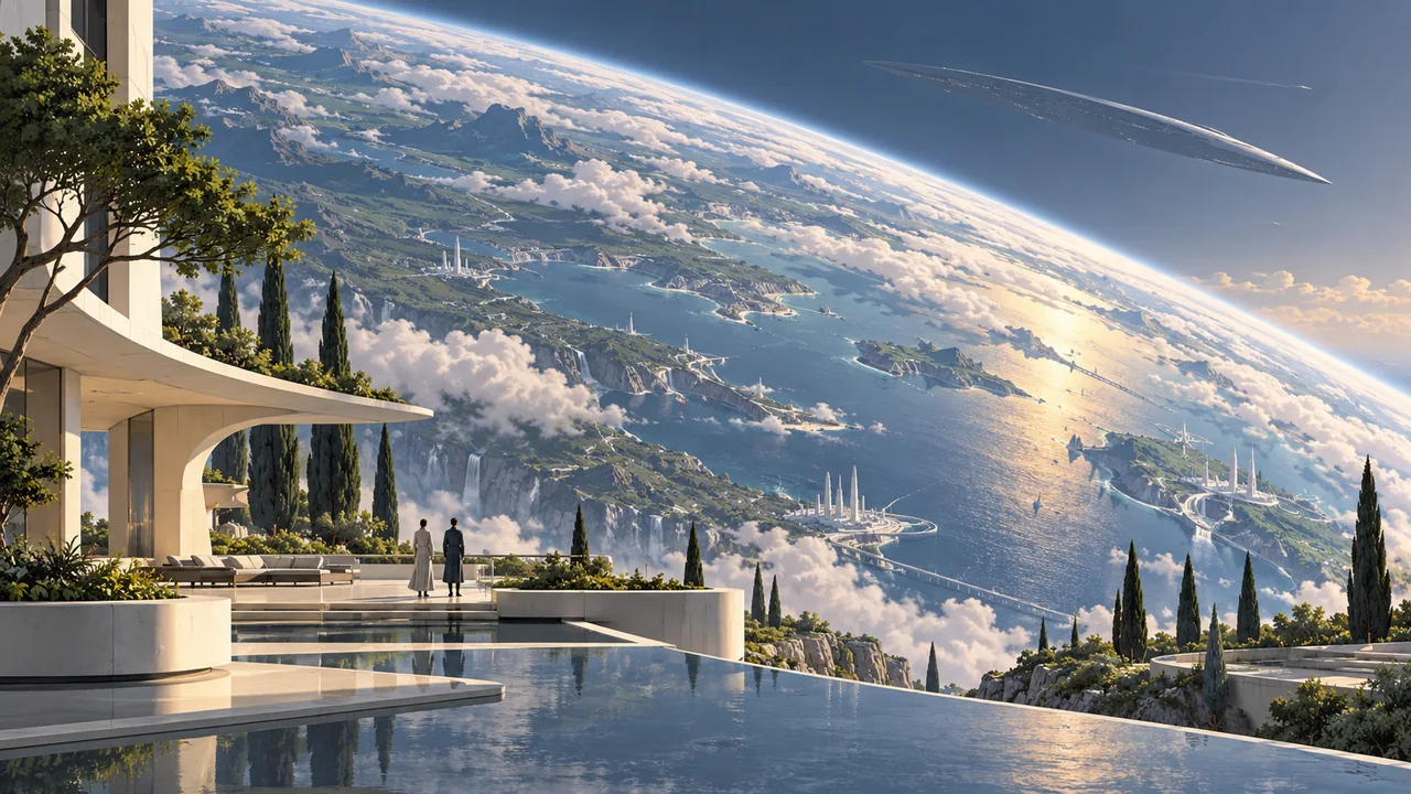 Two tiny visitors stand in a garden beneath the sweeping curve of an enormous inhabited orbital.