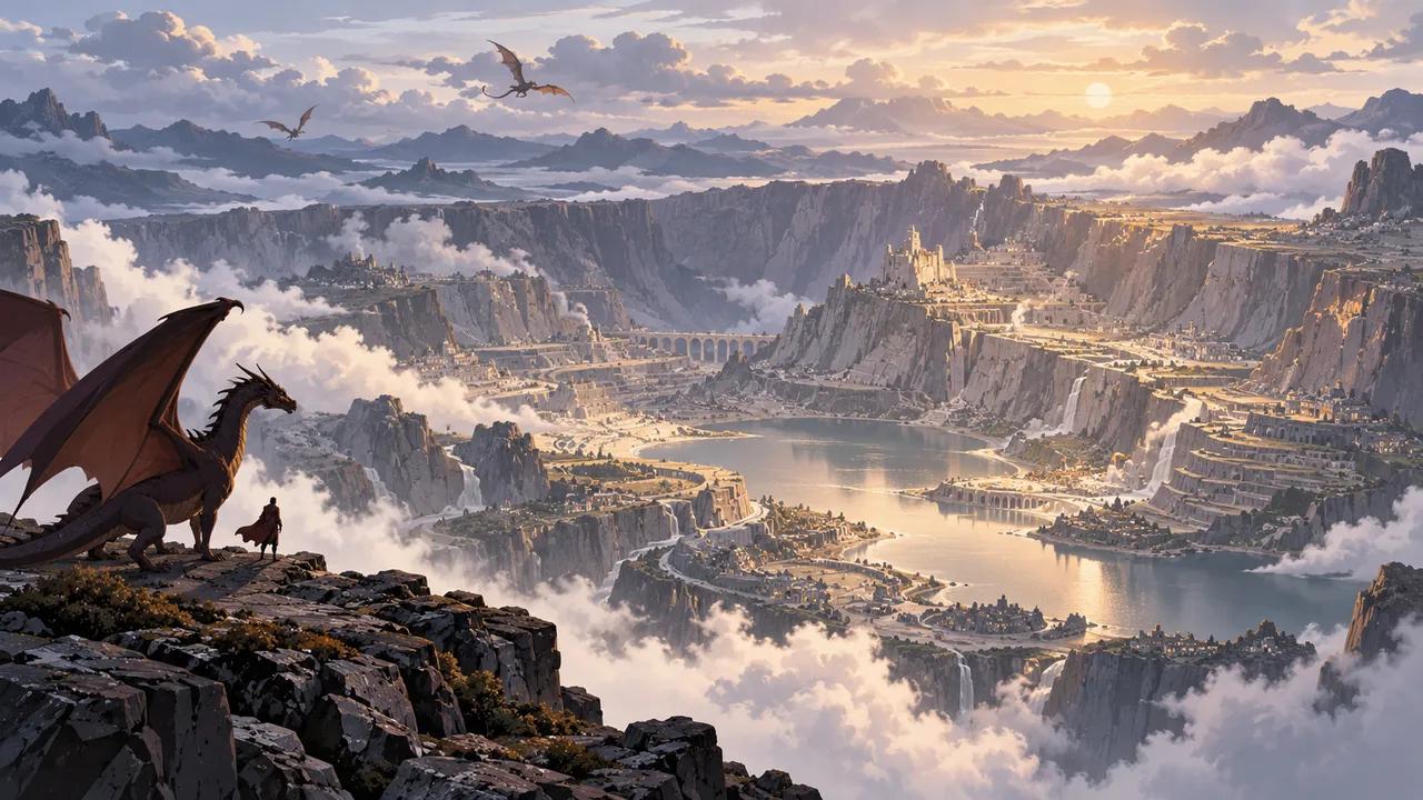 A tiny rider and dragon silhouette stand on a ledge above an immense volcanic mountain settlement.