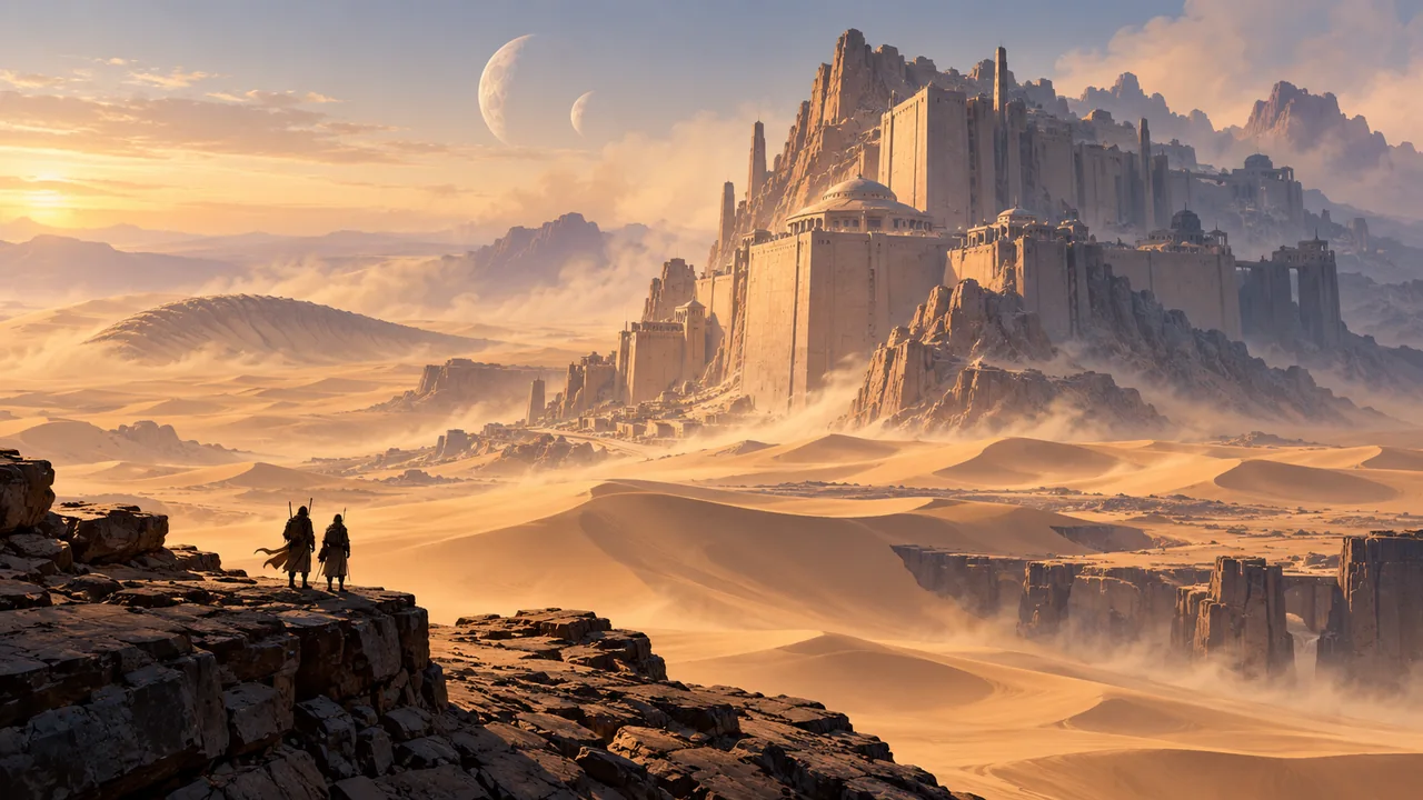 Tiny desert travelers face an immense sandstone citadel beyond sweeping dunes and atmospheric haze.