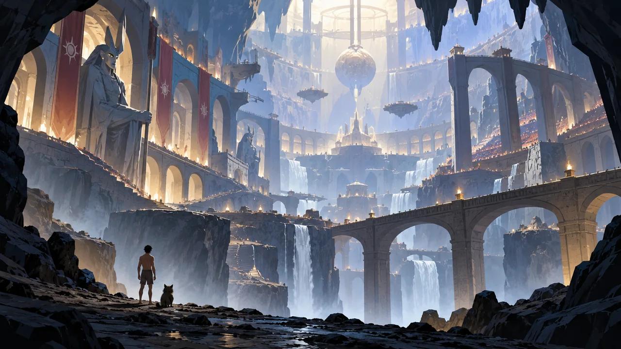 A tiny man and cat stand at the foot of an immense surreal underground arena framed by distant observation lights.