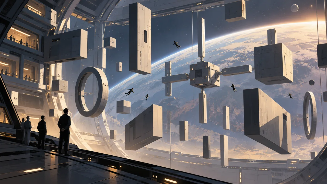 Tiny cadets float inside an immense geometric zero-gravity training chamber with a planet visible beyond.
