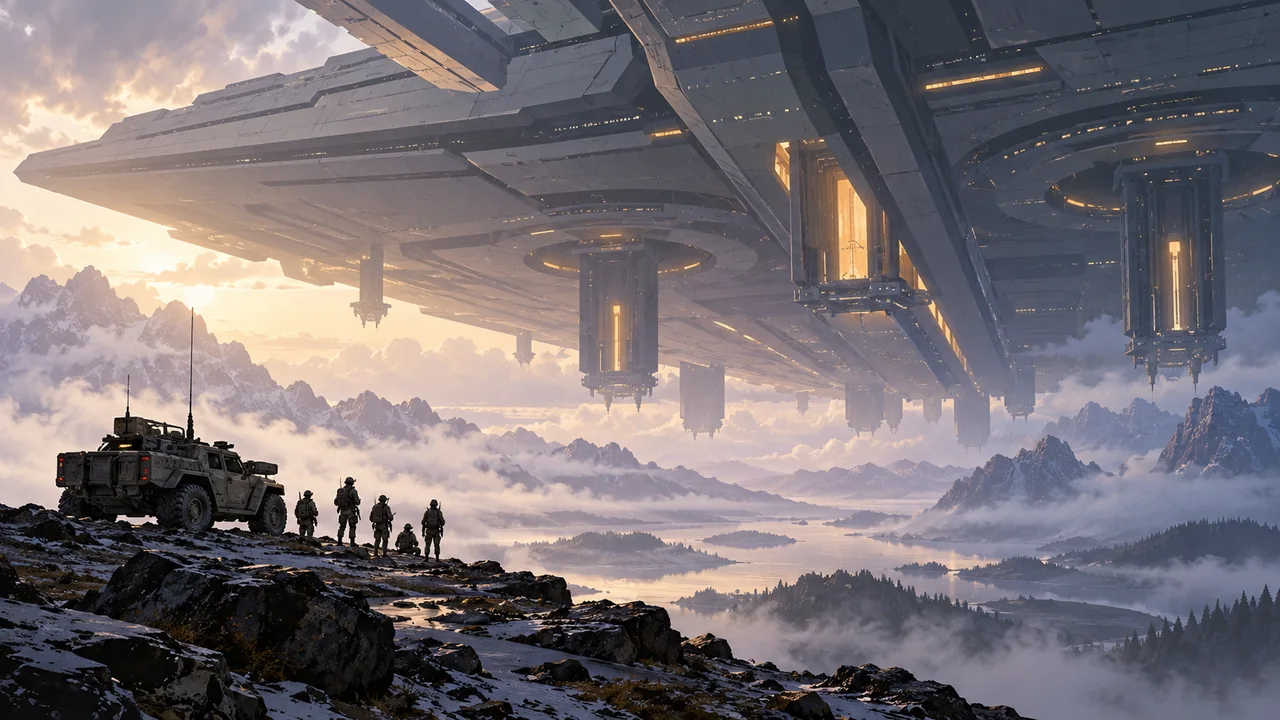 A tiny human military patrol faces a colossal alien spacecraft suspended above a misty outpost.