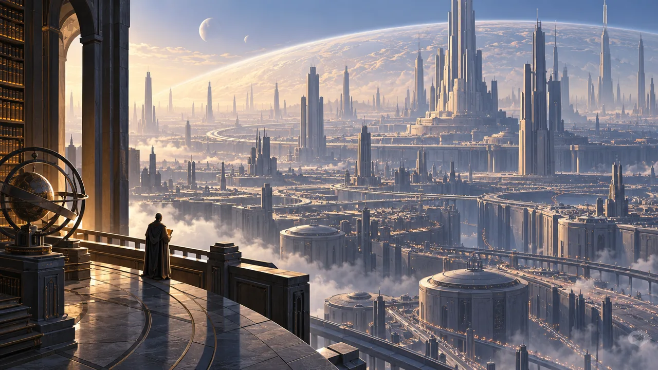 A small scholar stands above a planet-spanning city of layered towers beneath a distant orbital arc.