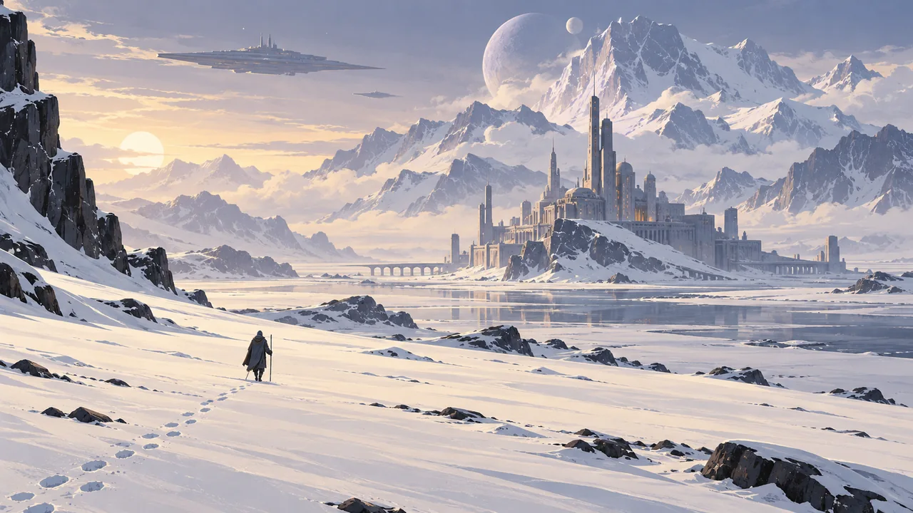 A lone envoy crosses a vast snowy plain toward a distant monumental city beneath a soft alien sky.