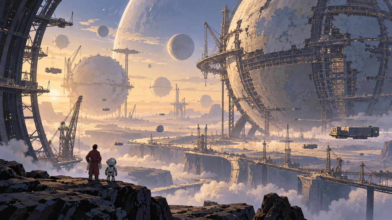 Two tiny hitchhikers stand on an alien ledge above an impossibly enormous planetary construction yard.
