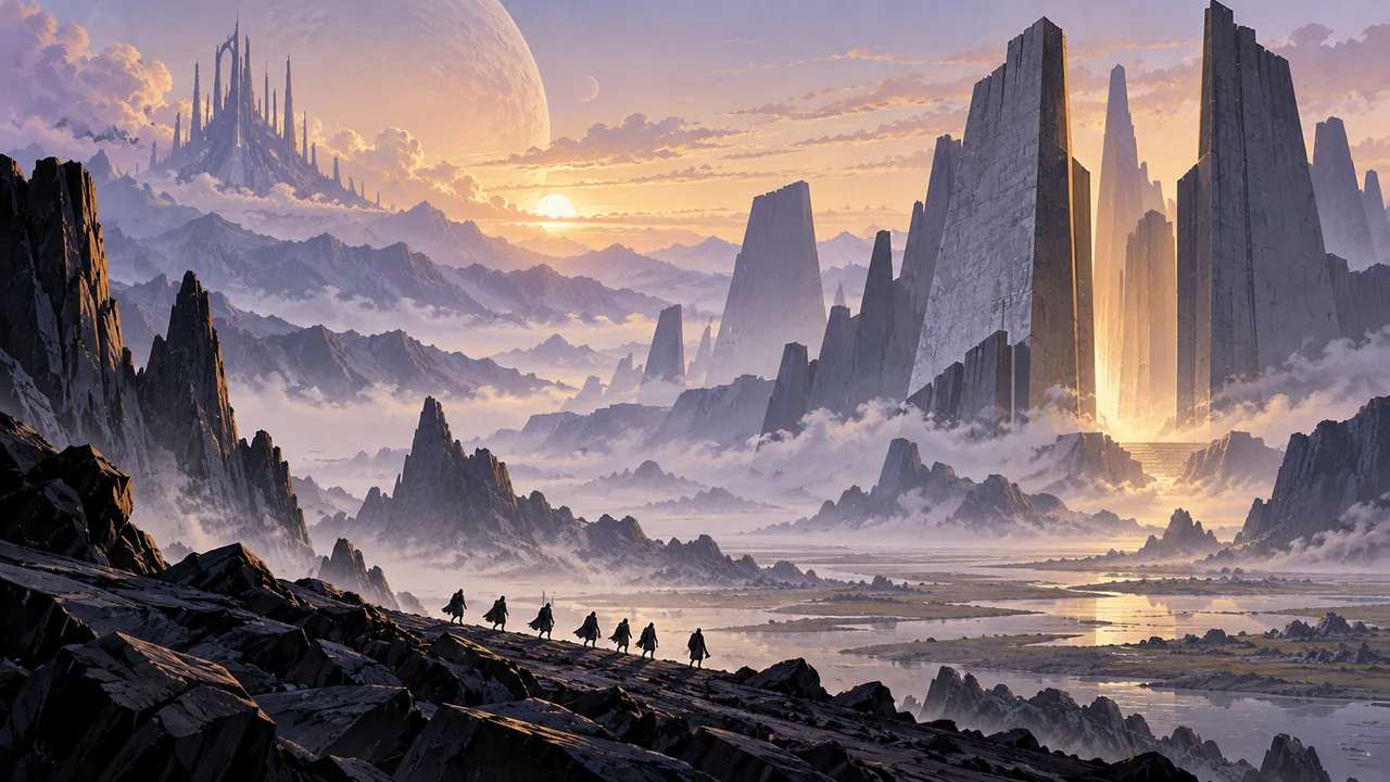 A small group of pilgrims approaches immense enigmatic tomb structures across a misty alien valley.