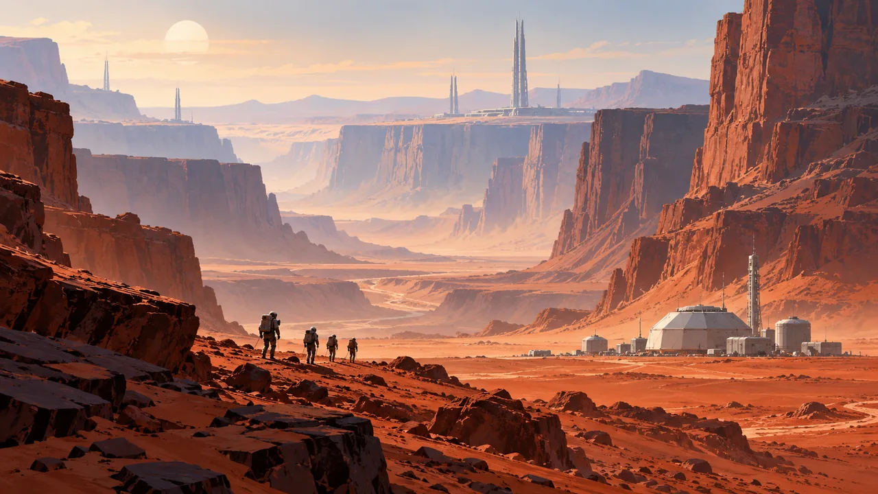 Tiny settlers walk toward a geometric habitat beneath immense Martian canyon walls and distant atmospheric machinery.