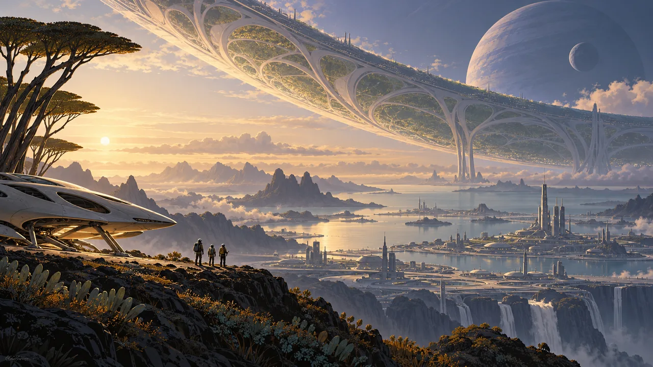 Tiny explorers stand beside a living spacecraft beneath an enormous organic orbital habitat above a frontier world.