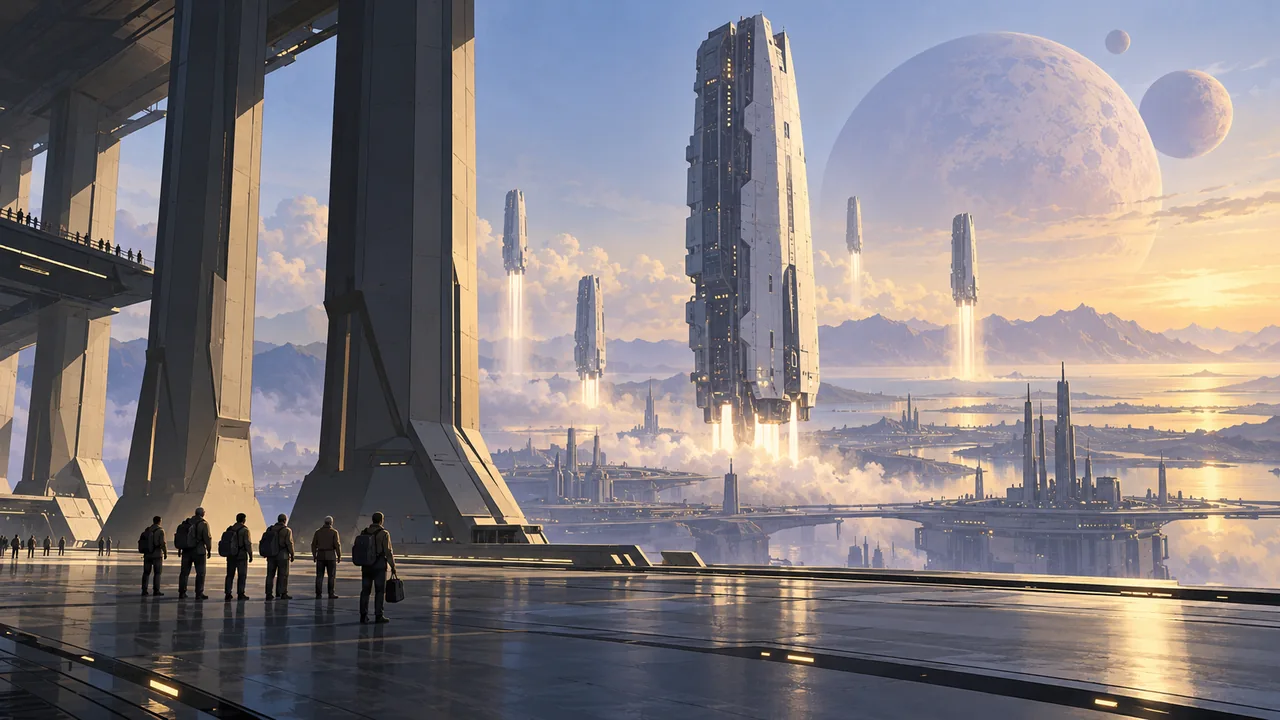 A small group of recruits stands beneath a towering spaceport structure and enormous departing colony ships.