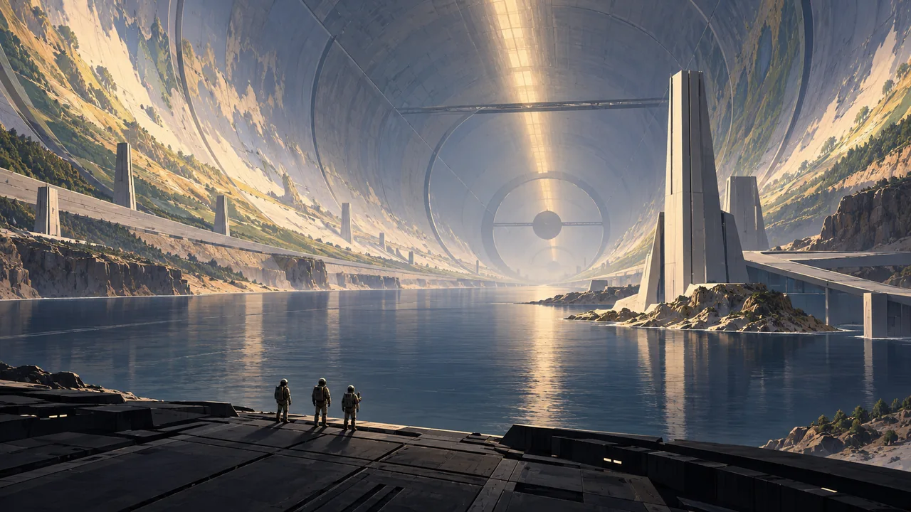 Tiny astronauts stand inside an immense cylindrical alien world whose landscapes curve overhead.