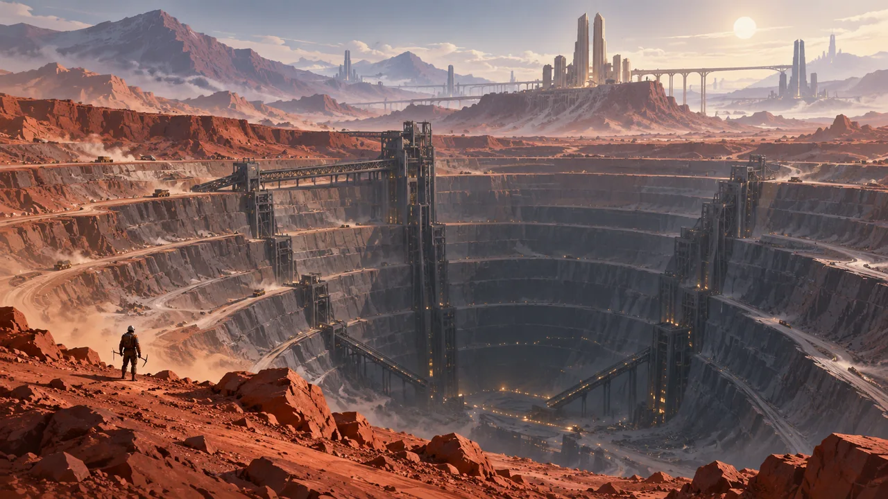 A lone miner looks up from a deep geometric mine toward immense terraced structures and a pale Martian sky.