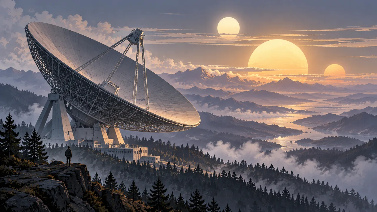 A tiny observer stands below a vast radio telescope in a mountain landscape beneath an unsettling three-sun sky.