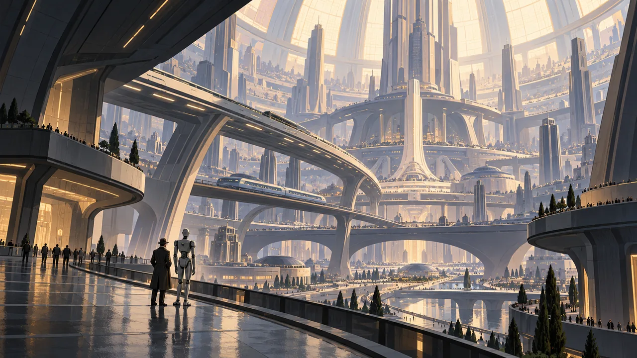 A tiny human detective and humanoid robot stand below the immense vaults of an enclosed future city.
