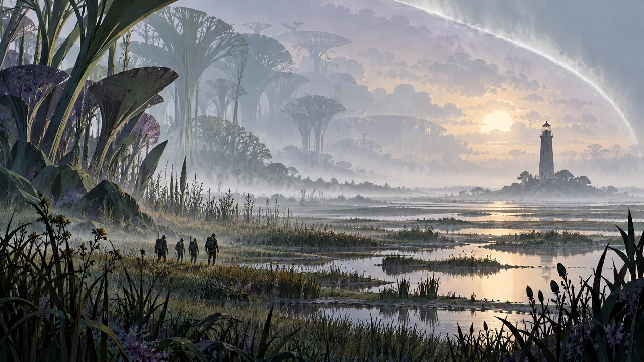 Four tiny expedition silhouettes approach a distant lighthouse through an immense mist-filled coastal wilderness.