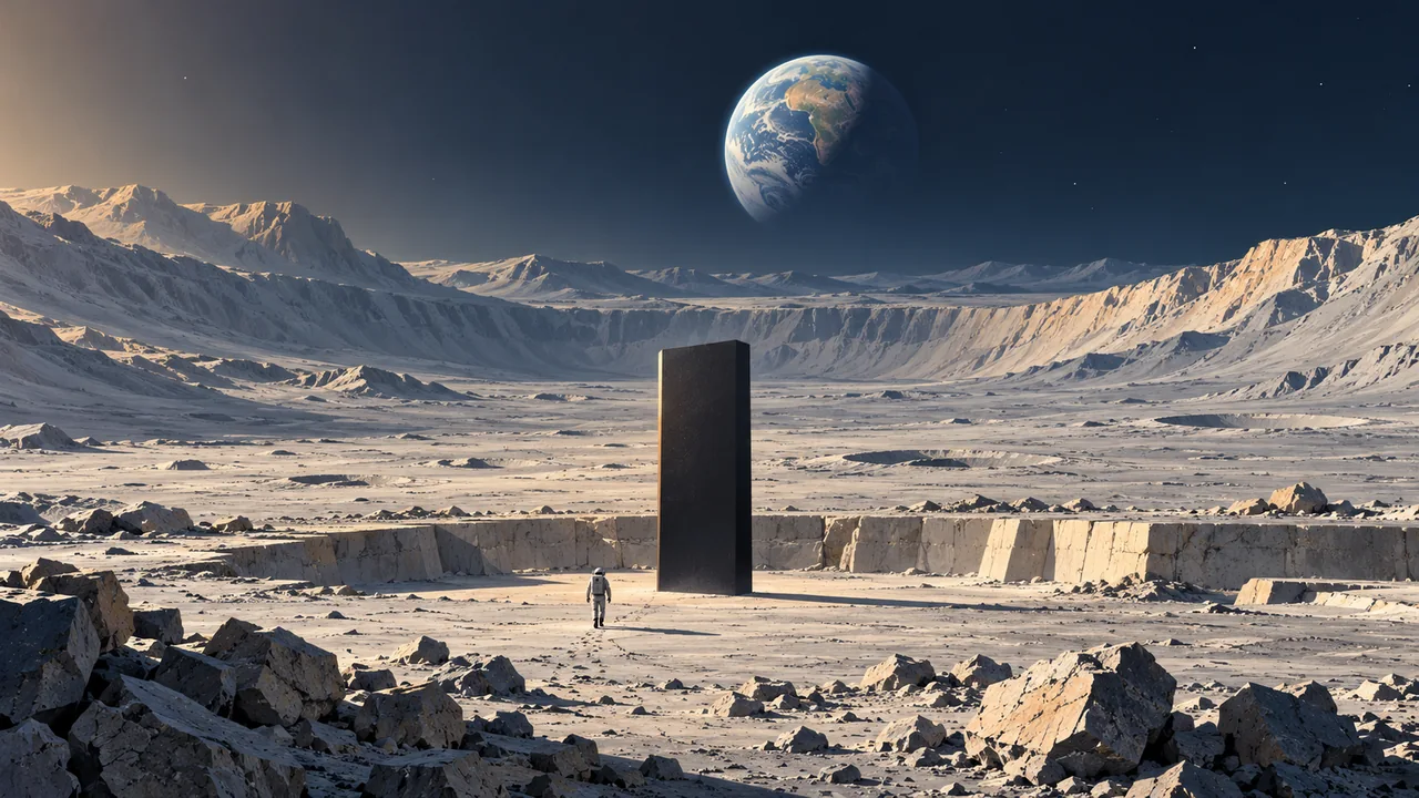 A tiny astronaut approaches a stark black monolith on an immense lunar plain with Earth in the distance.