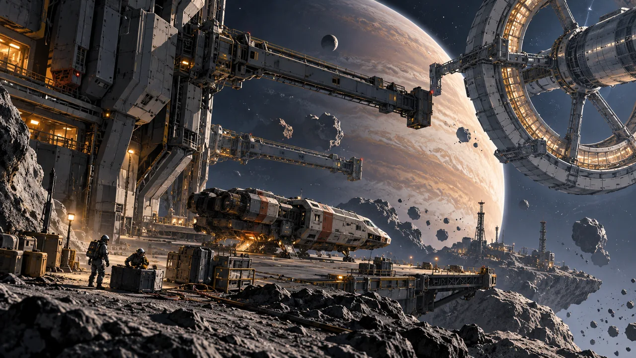 Tiny suited figures look across an asteroid port toward immense industrial structures and a distant planet.