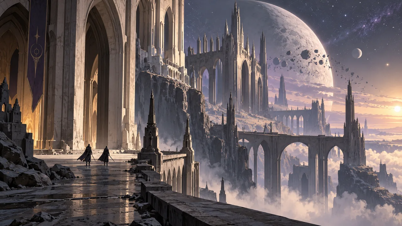Two tiny cloaked figures stand beneath immense gothic orbital architecture above a pale dead world.