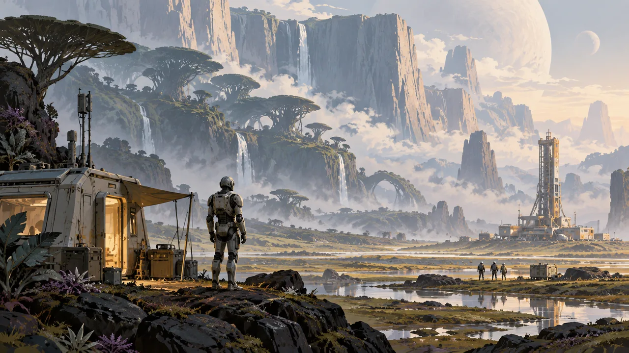 A small armored security figure stands beside a survey shelter below colossal alien cliffs and distant corporate machinery.