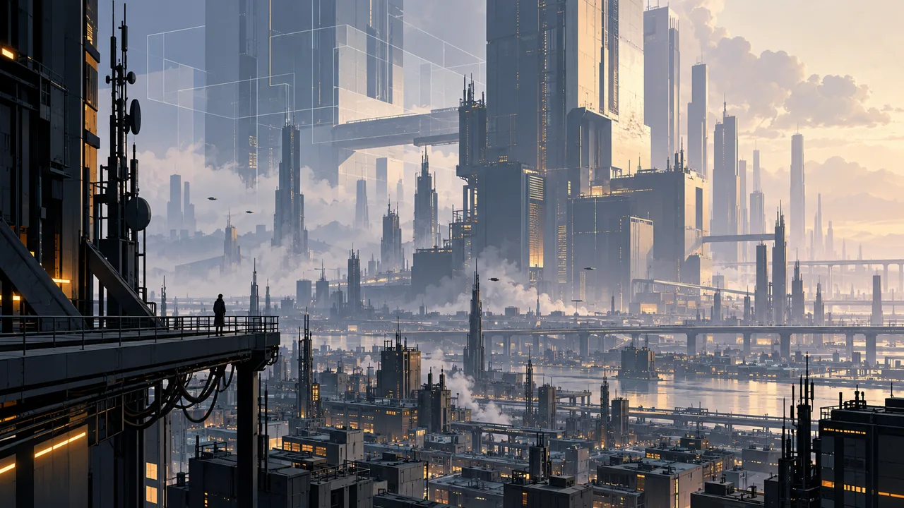 A tiny figure on an elevated walkway faces immense layered corporate towers and abstract network geometry.