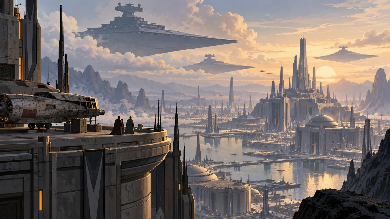 Tiny travelers overlook a sprawling galactic port beneath immense triangular capital-ship silhouettes.
