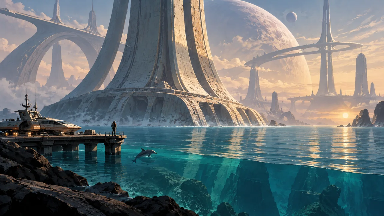 Tiny human and dolphin expedition figures face an immense alien structure beneath a vast ocean-world sky.