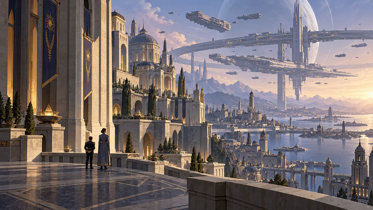 A small uniformed envoy stands below monumental imperial architecture overlooking a distant orbital port.