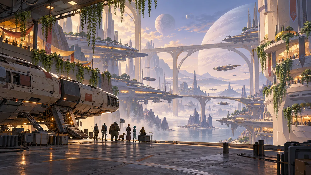 A tiny mixed-species crew gathers beside a modest working ship within an immense welcoming alien port.